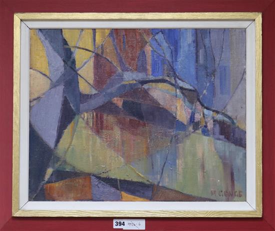 Margaret Genge (Minehead artist) Abstract landscape, Across the river oil on canvas signed 40cm x 50cm.
